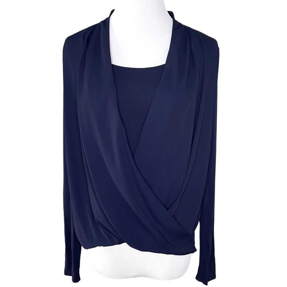 White House Black Market Navy Blue Faux Wrap Layered Long Sleeve Blouse